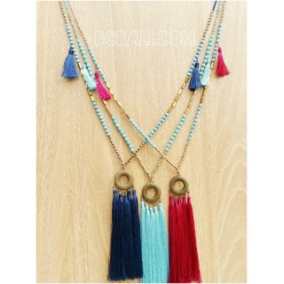 three color tassels necklace pendant gold caps beads